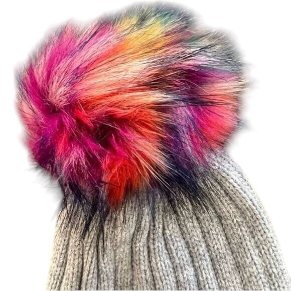 NWT Jocelyn Faux Fur Pom Multi-Color Rainbow “LOVE” Beanie - Picture 5 of 7